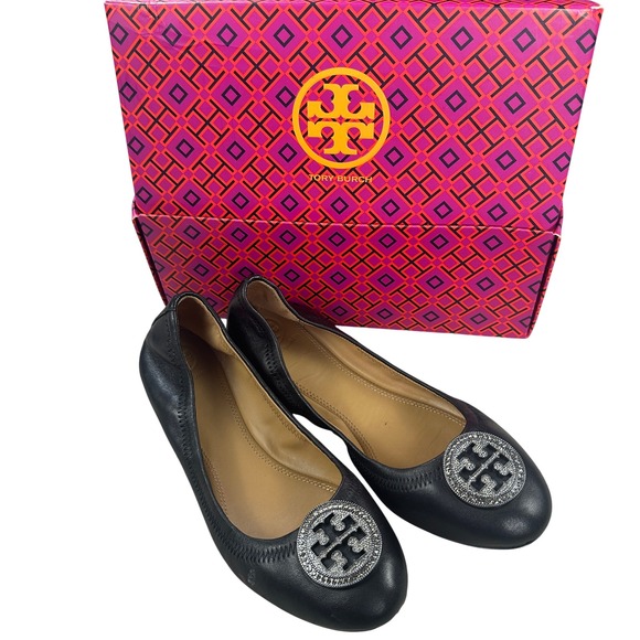 Tory Burch Shoes - Tory Burch Black Leather Embellished Logo Ballet Flats Shoes Size 8M